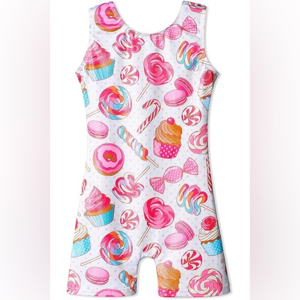 Kids candy themed gymnastics leotard likely sized 4-5T. Polyester and spandex.